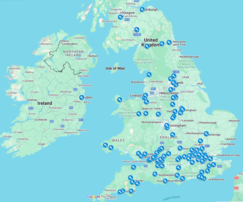 Map of where visitors to the WOMAD 2026 Community Repair Corner came from. It shows markers all over the UK, from the South West up to Glasgow and Edinburgh.